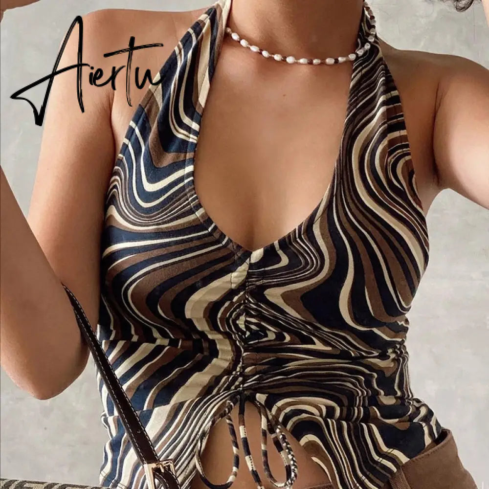 90s Y2K Brown Cami Tanks Ruched Tie Up Crop Top Women New Harajuku Cute Backless Tank Tops Sexy Halter Party Beachwear Aiertu