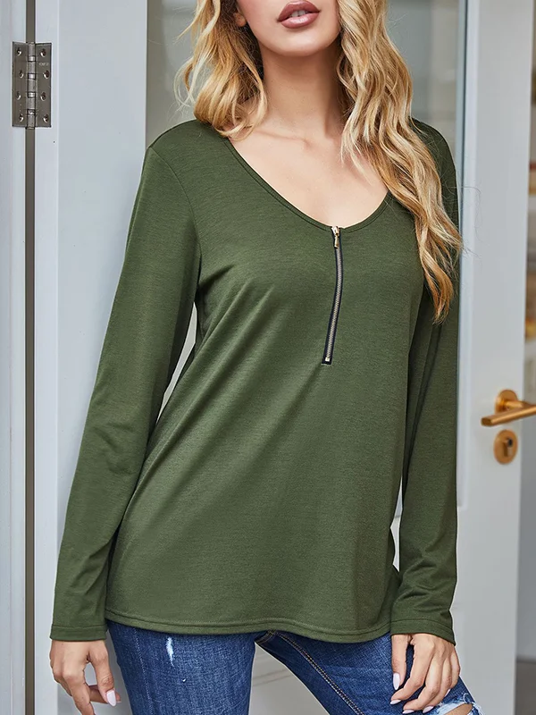 High-Low Long Sleeves Hollow Split-Side Zipper V-Neck T-Shirts Tops
