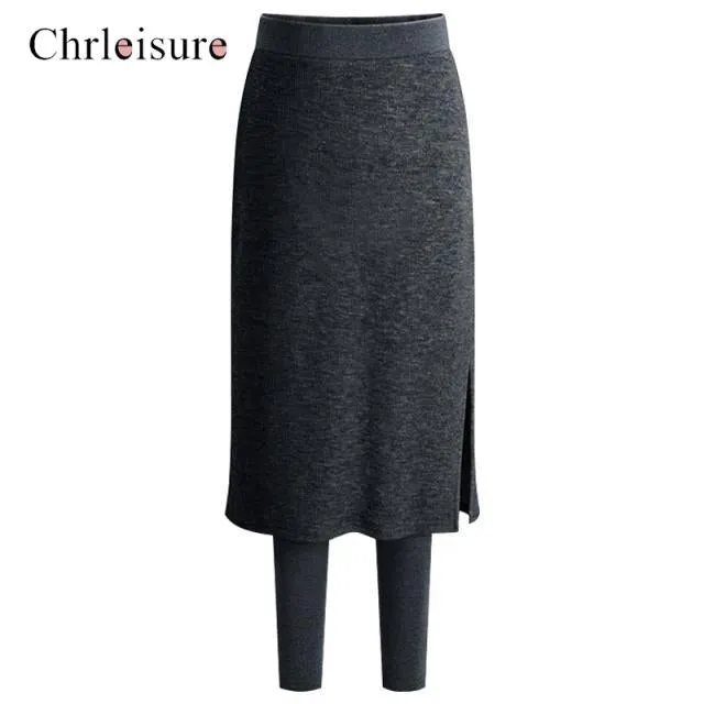 CHRLEISURE Women Sexy Two Pieces Skirt Leggings Slim Fit Elastic Winter Warm Fleece Long Skirt Leggings Solid Color
