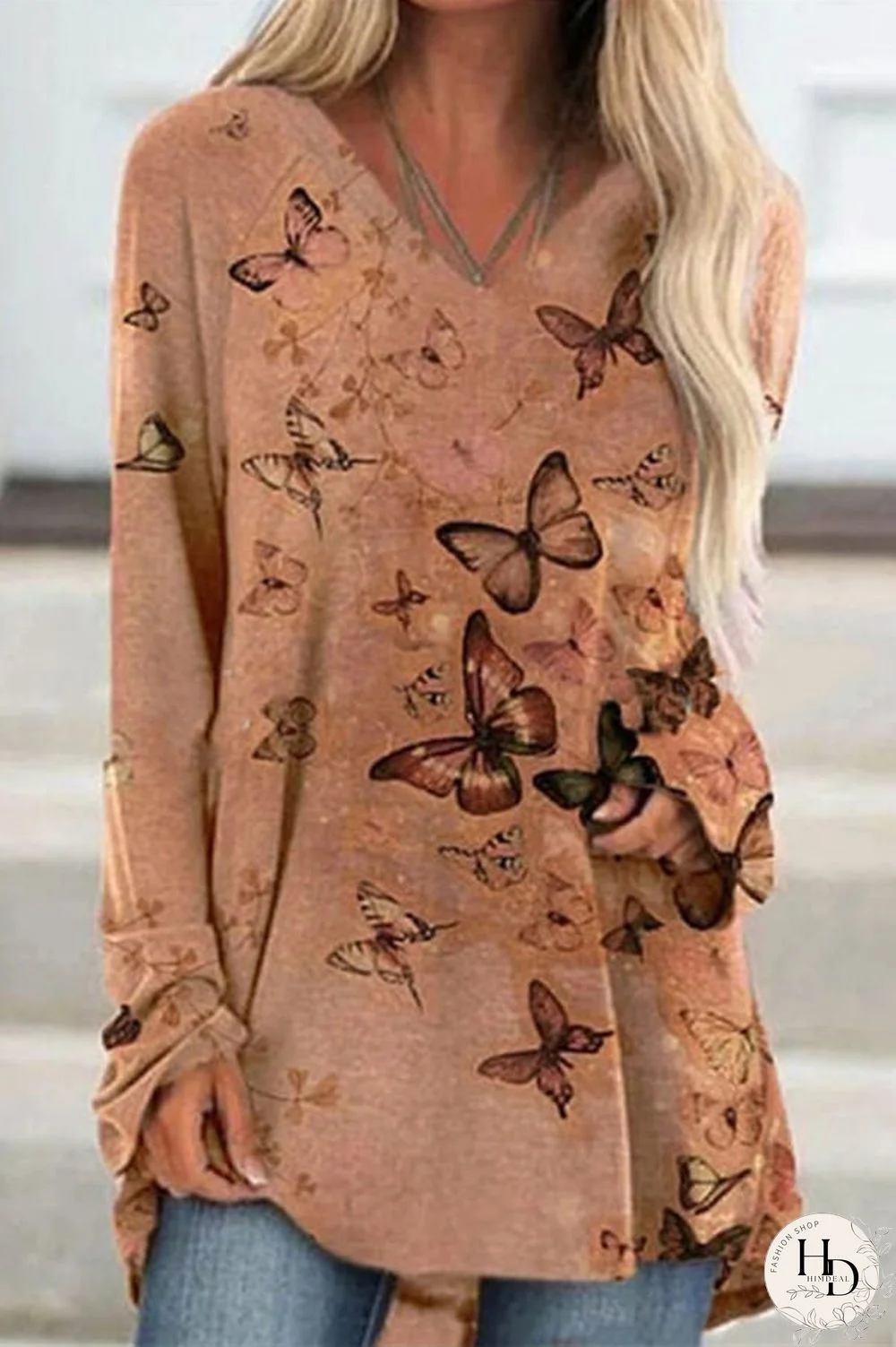 Fashion Butterfly Print V Neck Blouse