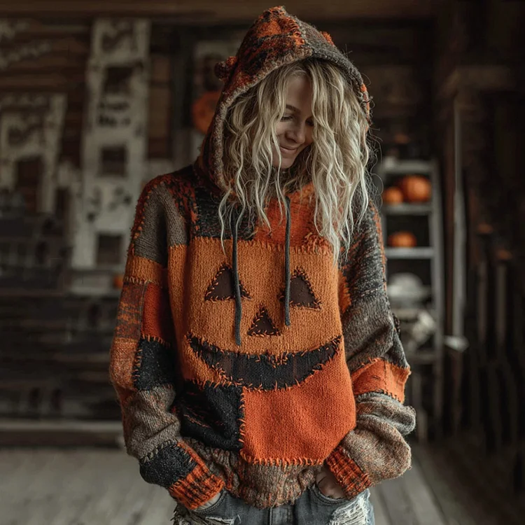 Halloween Pumpkin Face Patchwork Cozy Hooded Top