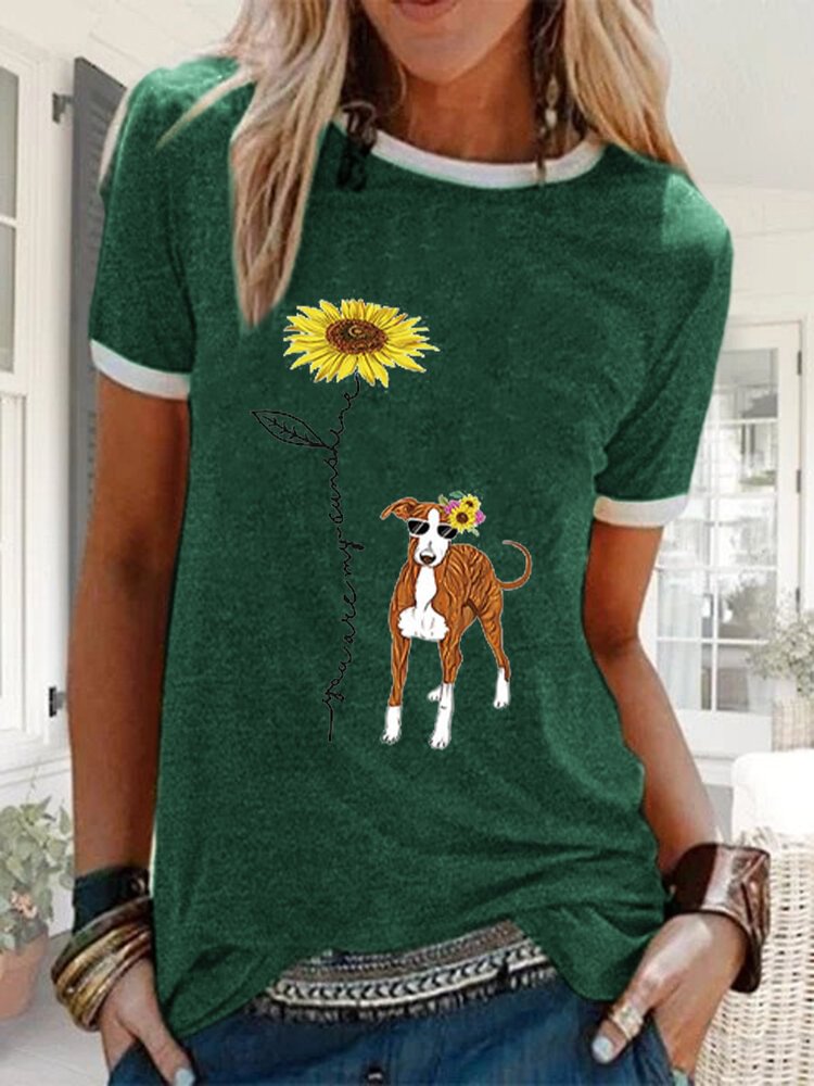 Cartoon Floral Dog Printed O neck T shirt P1671265