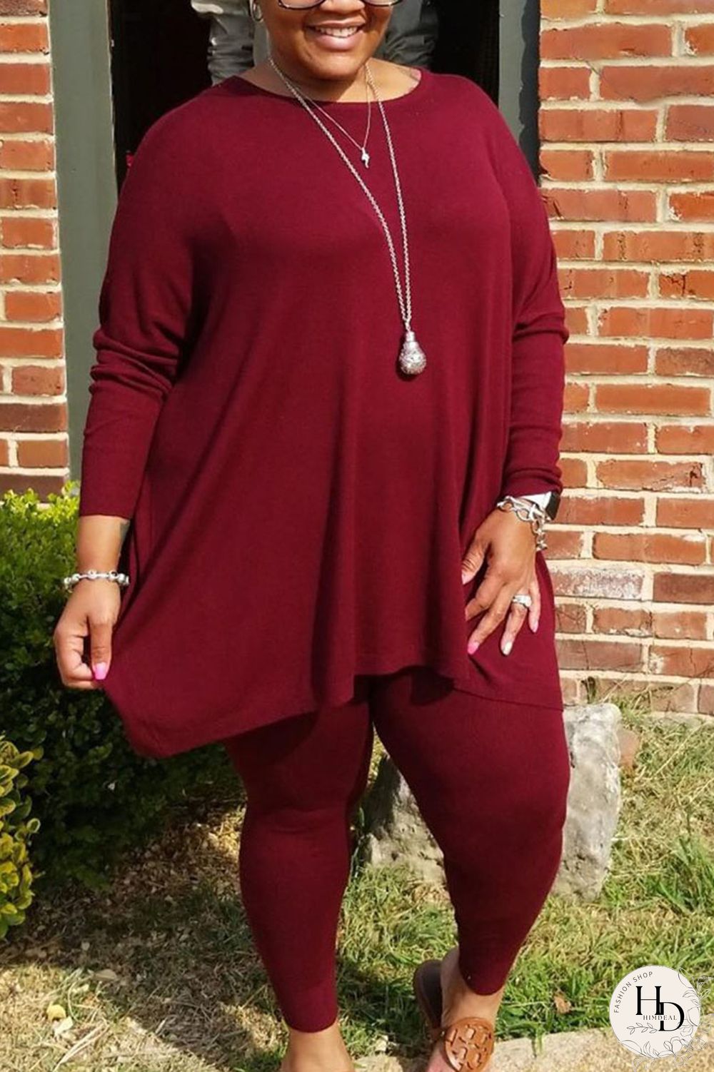 Wine Red Sportswear Striped O Neck Plus Size