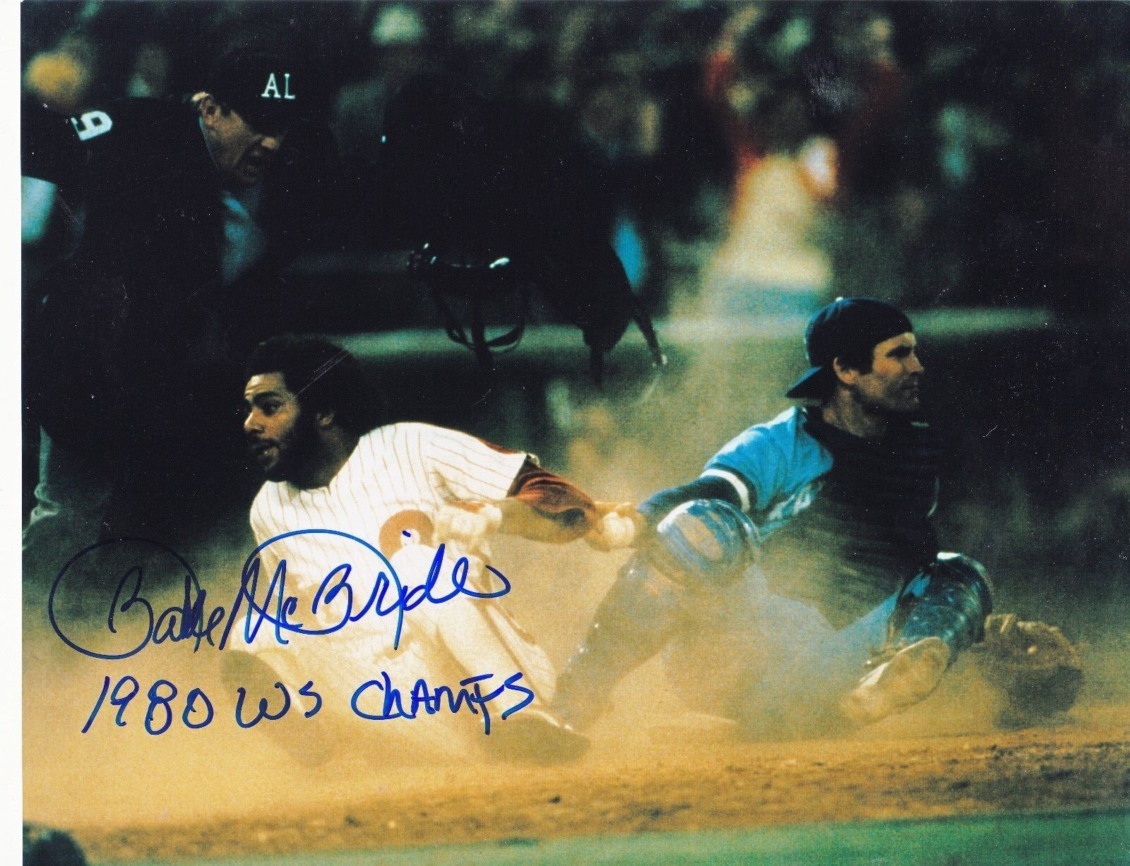 BAKE MCBRIDE PHILADELPHIA PHILLIES 1980 WS CHAMPS ACTION SIGNED 8x10