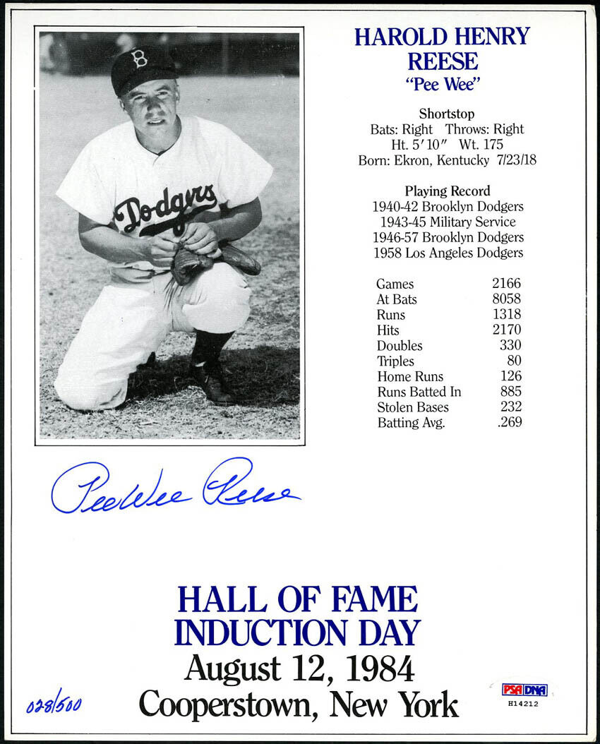 Pee Wee Reese SIGNED 8x10 HOF Induction Card Photo Poster painting Dodgers PSA/DNA AUTOGRAPHED