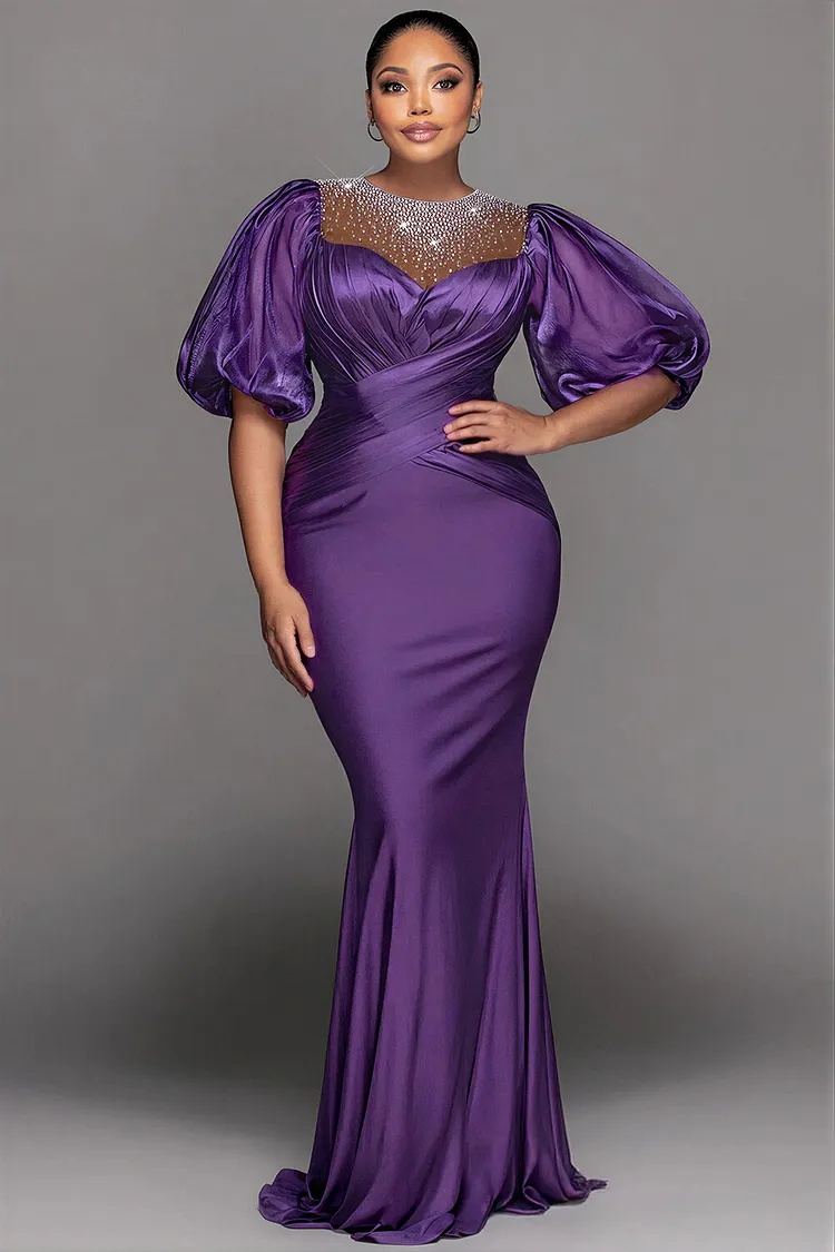 Xpluswear Design Plus Size Formal Organza Purple Round Neck Puff Sleeve Short Sleeve Drilling See Through Satin Maxi Dresses 2024 - Xpluswear