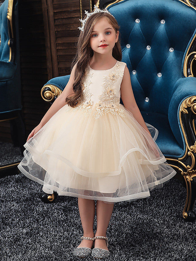 Oknass A-Line Sleeveless Jewel Neck Flower Girl Dresses Tulle Matte Satin Cotton Blend  With Beading Solid