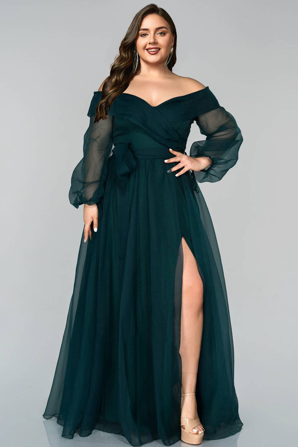 Flycurvy Plus Size Formal Dark Green Mesh Split Off The Shoulder Lantern Sleeve Maxi Dress