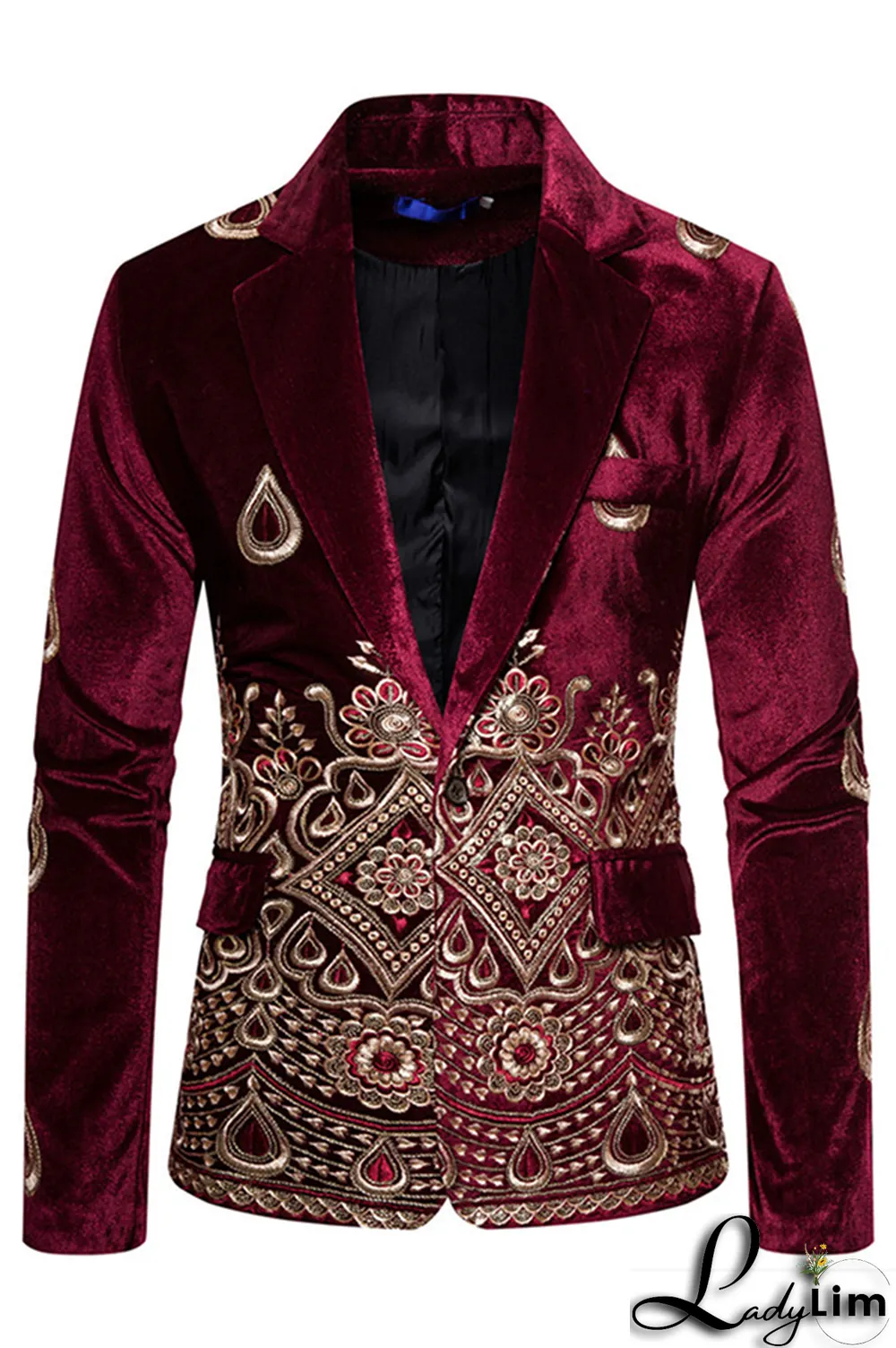 Burgundy Fashion Embroidery Split Joint Buttons Turn-back Collar Outerwear