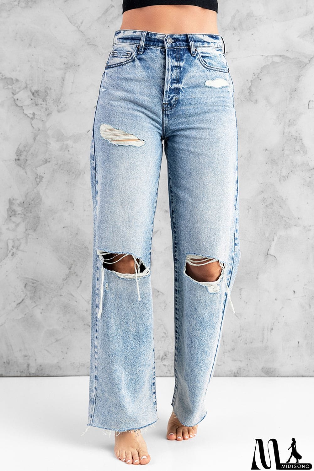 MidiSono - Distressed Hollow-out Knees Wide Leg Jeans