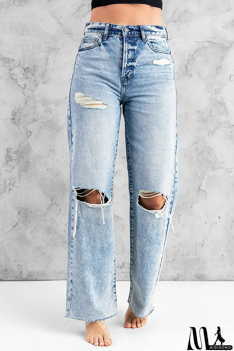 Distressed Hollow-out Knees Wide Leg Jeans