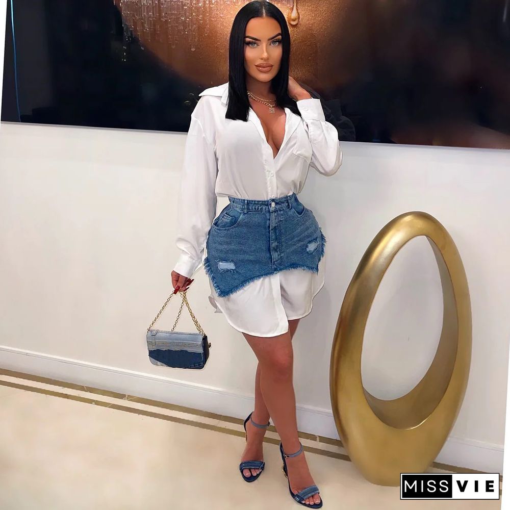 Long Sleeve Shirts+Denim Skirt Two Piece Sets