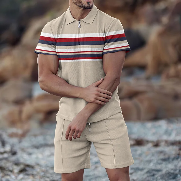 BrosWear Zipper Trendy Beige Stripes Short Sleeve Polo Shirt And Short Co-Ord