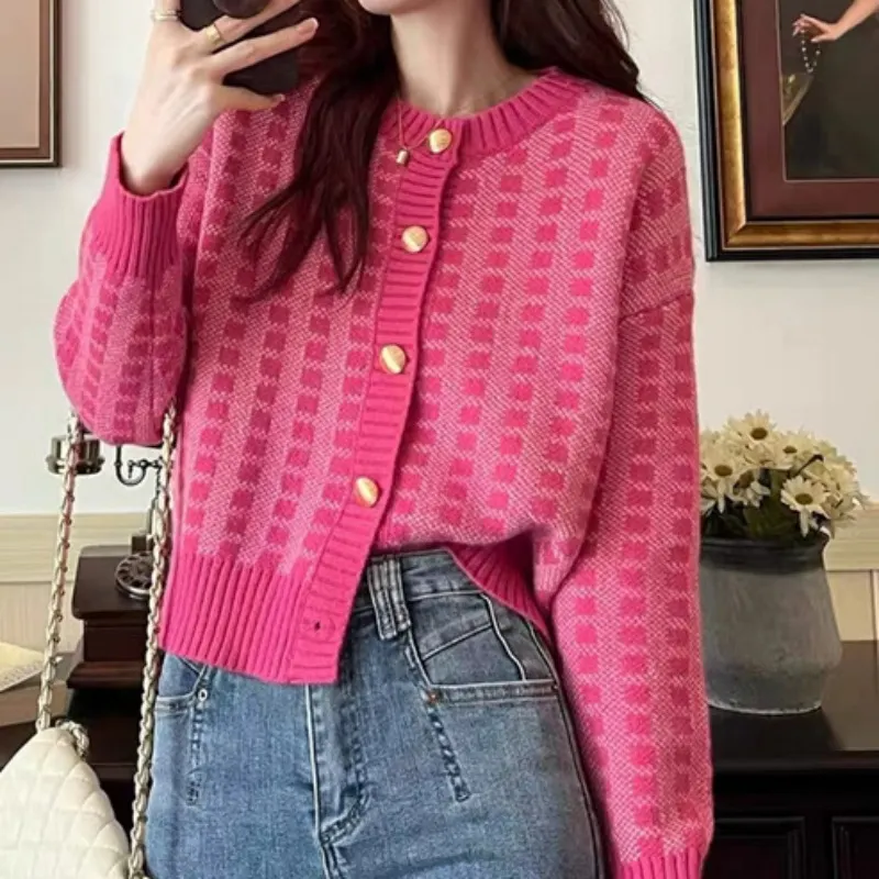 Churchf Churchf Style Short Temperament Socialite Small Sweater Hot Style Coat Jacket Small Fragrant Wind Pink Plaid Sweater Woman