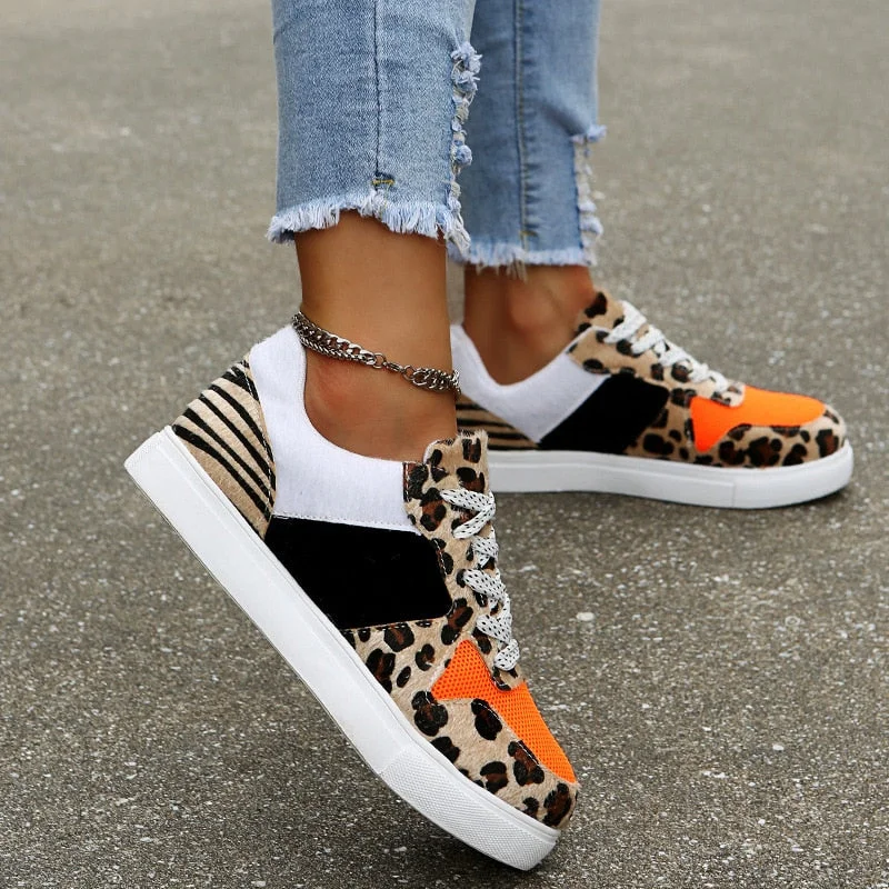 Women High Street Fluff Sneakers Contrast Color Leopard Canvas Shoes Casual Lace-Up Girls Flat Heel Vulcanized Shoes