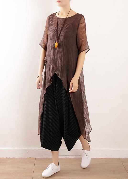 Simple gray linen tops women blouses o neck Knee summer shirt