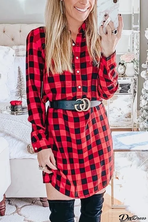 Plaid Button Tie Waist Mini Dress