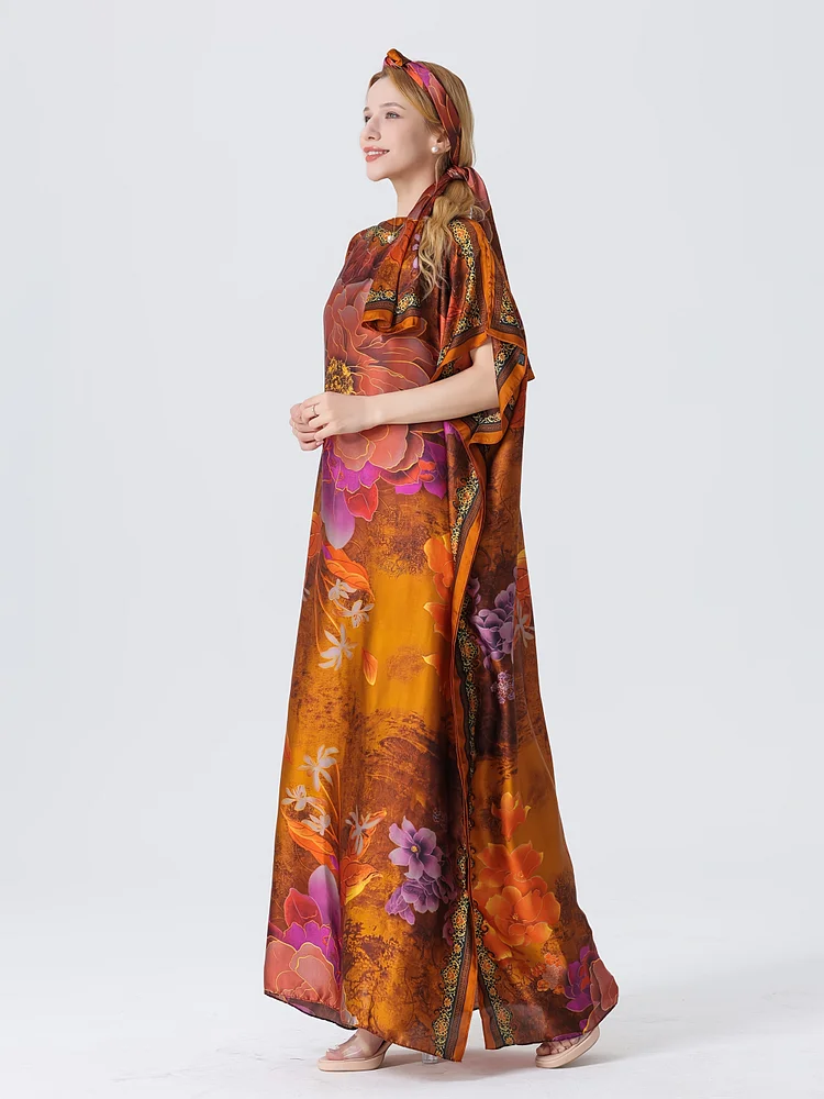 Plus Size - Floral - Printed Kaftan Dress With Matching Headscarf - Elegant Maxi Length, Perfect For Special Occasions & Cultural Style