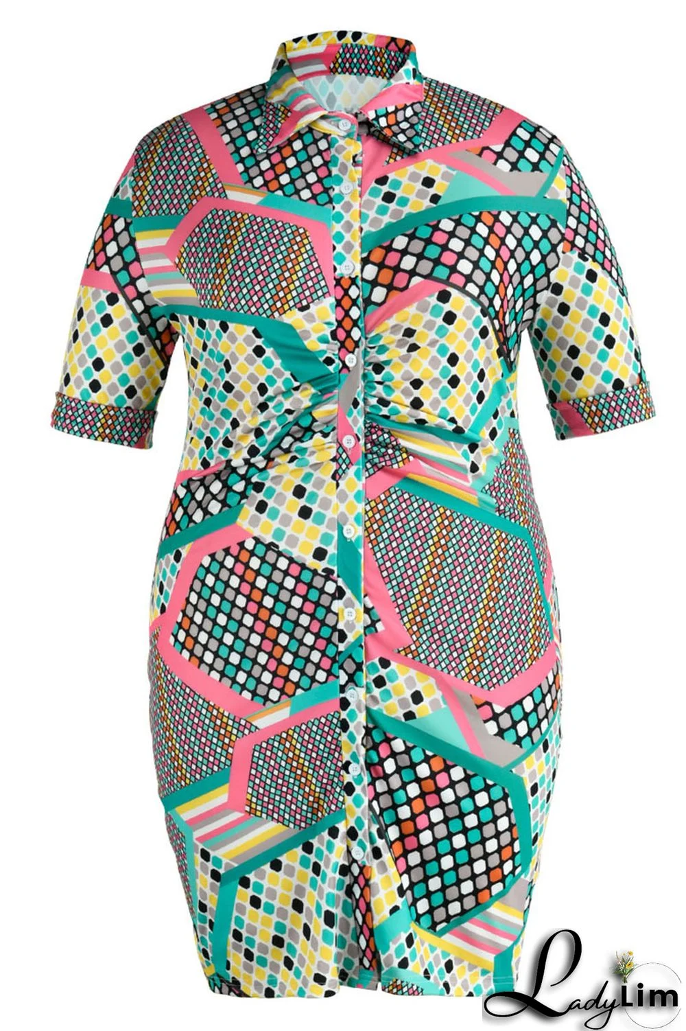 Blue Casual Print Patchwork Buckle Turndown Collar Shirt Dress Plus Size Dresses