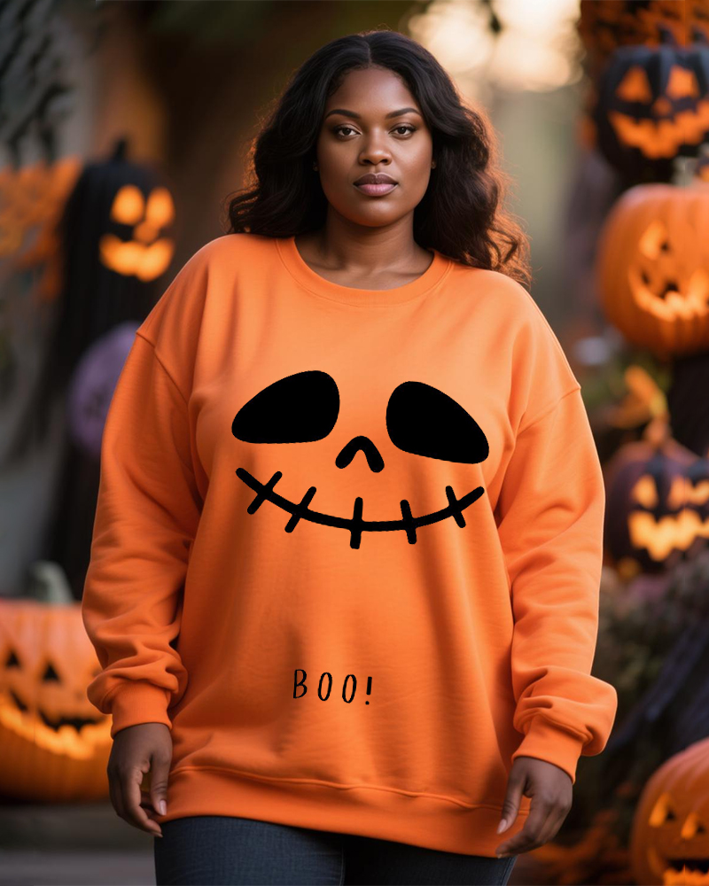 Women's Big And Tall Halloween Orange Skull Face Print Crewneck Sweats