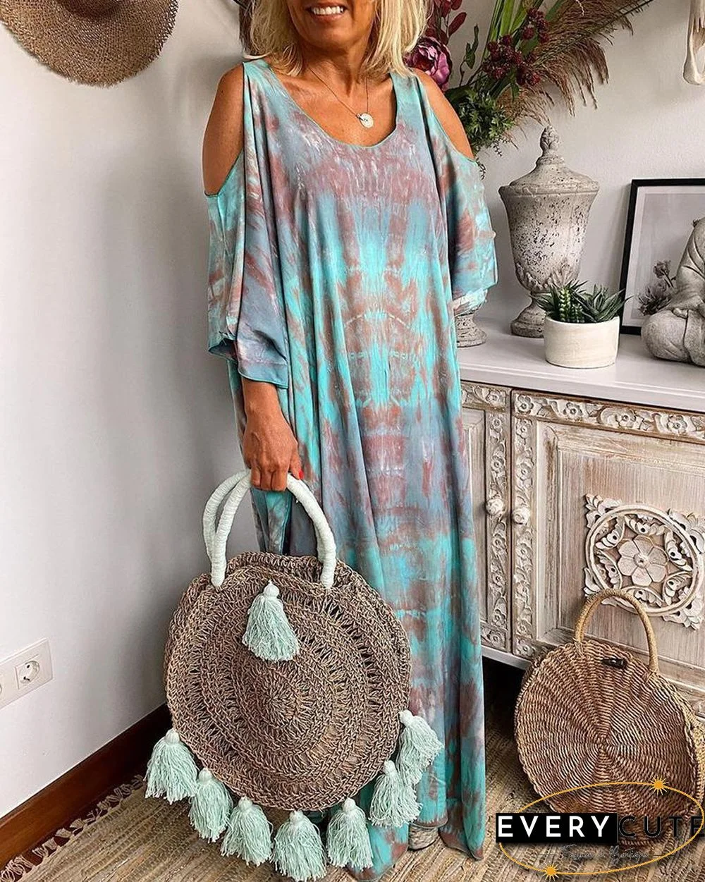 Tie-Dye Multi-Colored Print Cold-Shoulder Loose Maxi Dress P15979