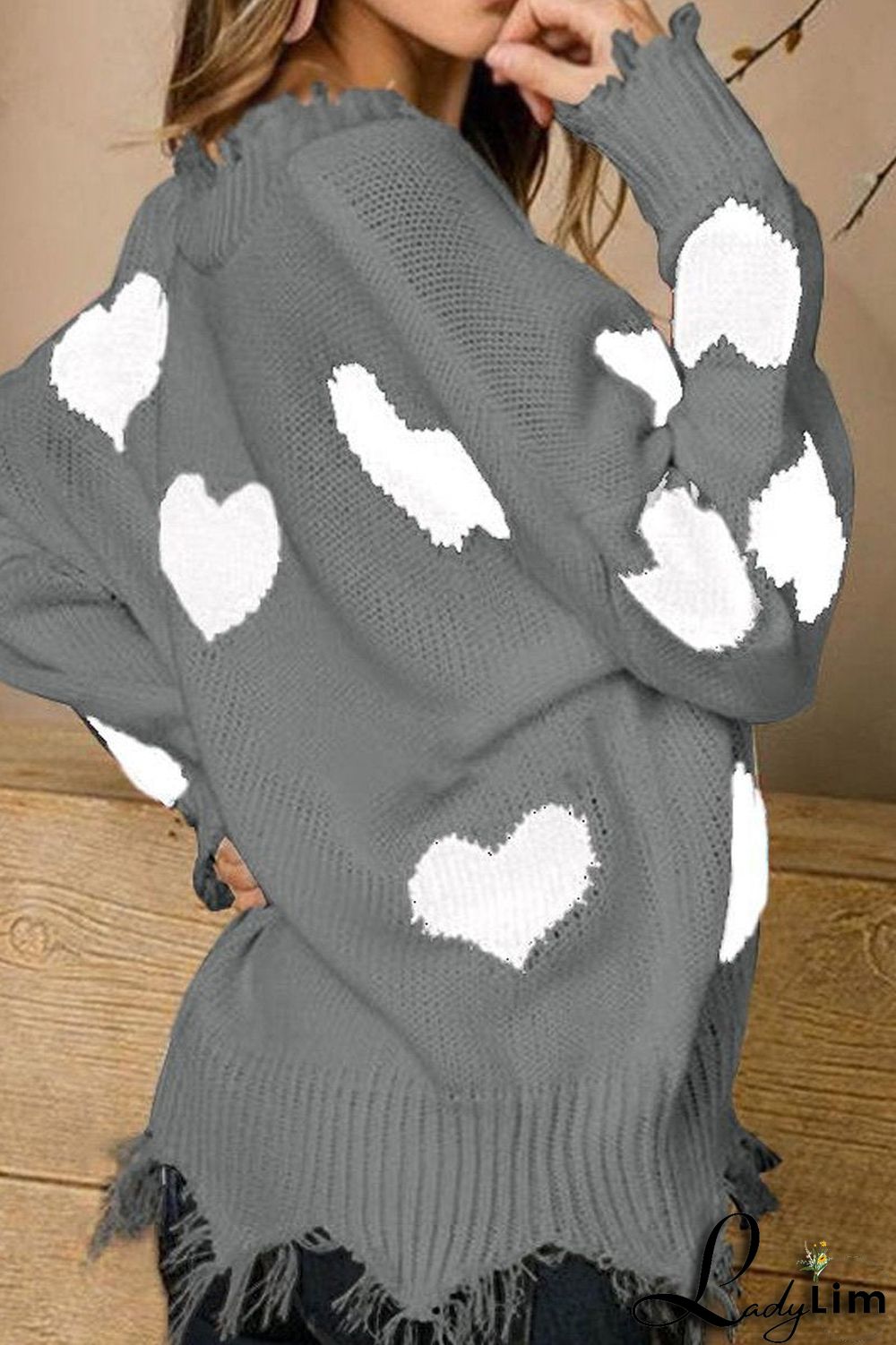 V-Neck Distressed Hearts Casual Sweater