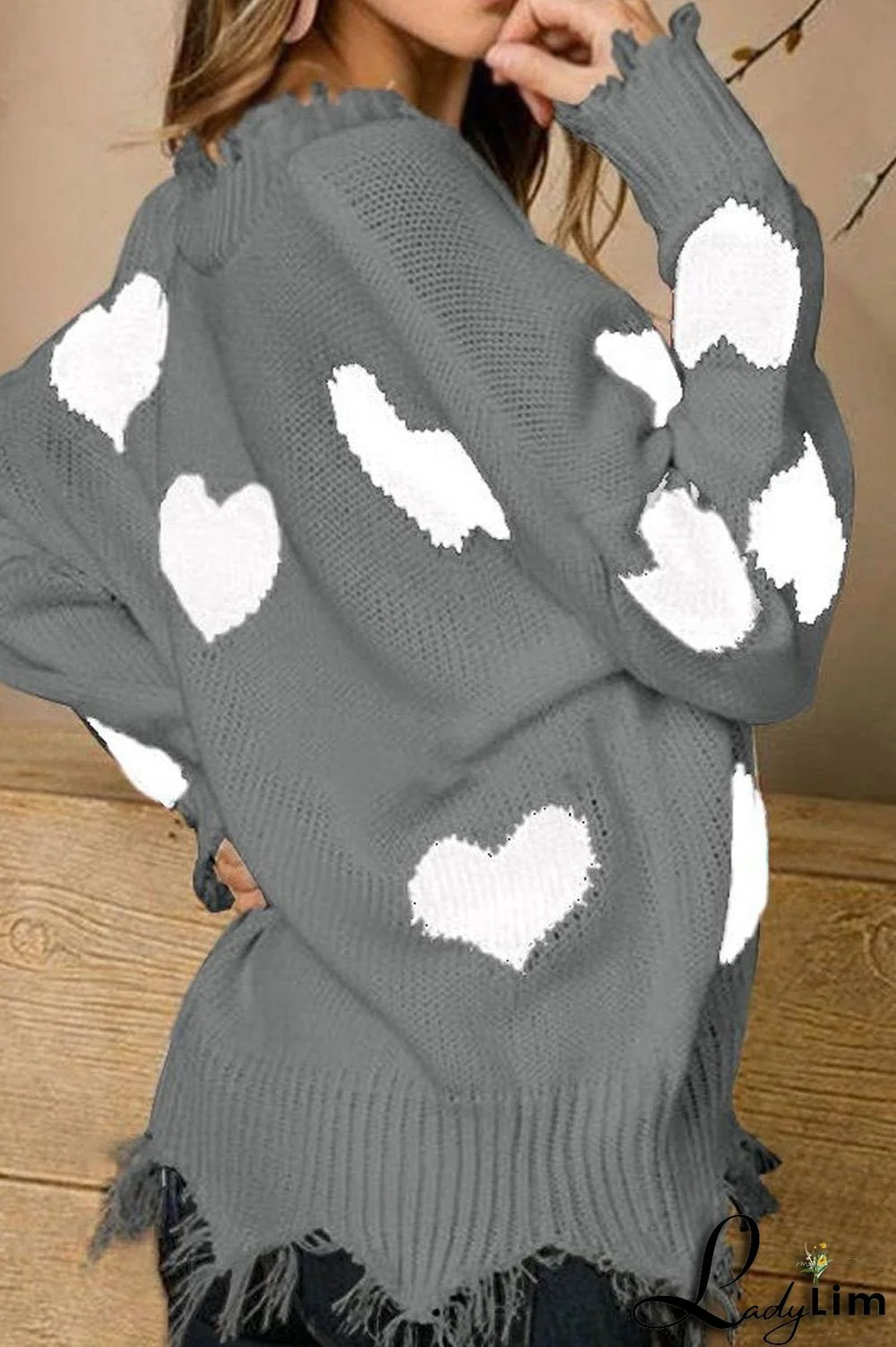 V-Neck Distressed Hearts Casual Sweater