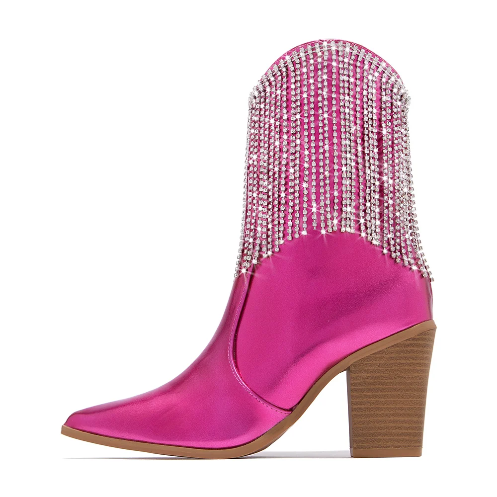Fuchsia Pointed Toe Tassel Boots Chunky Heel Patent Leather Ankle Boots
