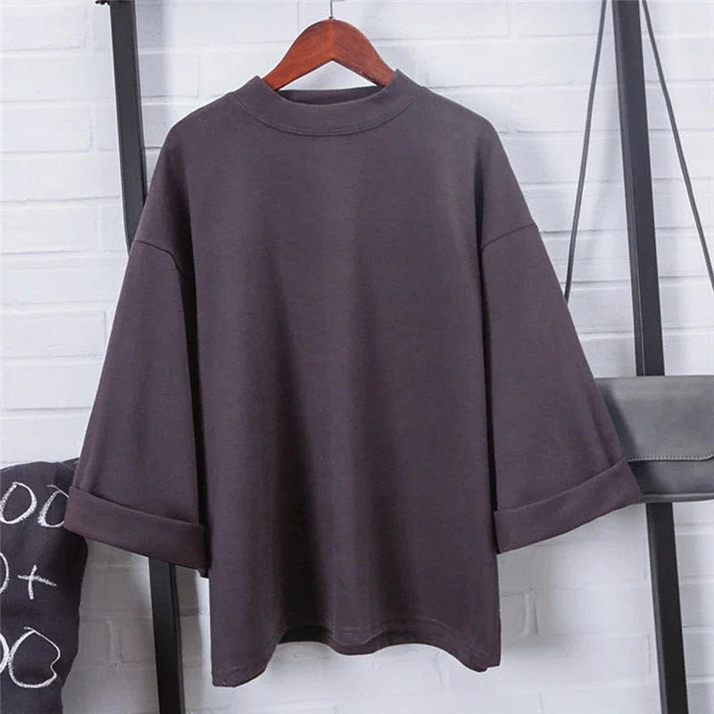 New Arrival Women Fashion Oversize Tee Loose  Plain 3/4 Sleeve Simple Casual T-Shirt