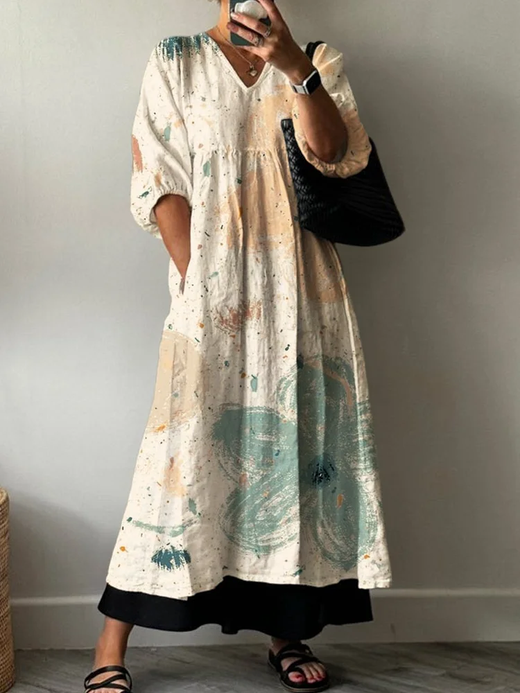 Simple Floral Print Pocket V-neck Cotton Dress