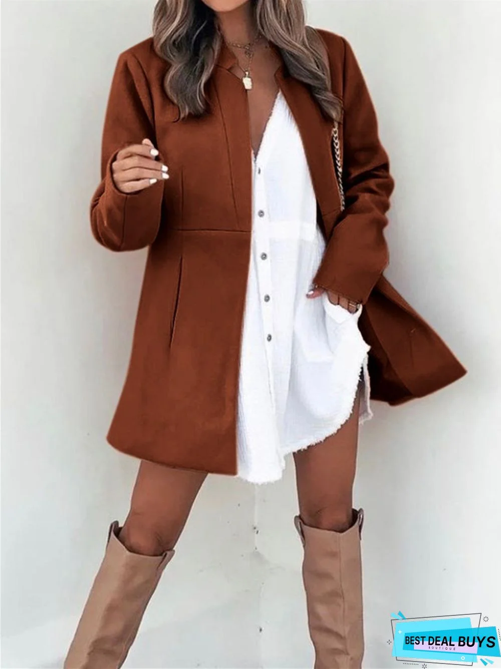 Solid Color Slim Long Sleeve Pocket Ladies Coat