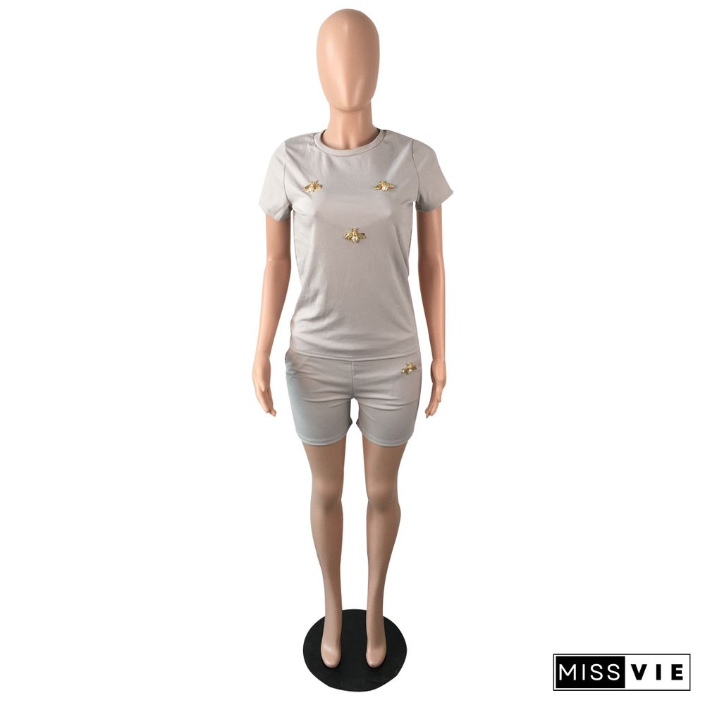 Summer Fashion New Bees Decorative Solid Color Short Sleeve T Shirt Pocket Shorts 2 Piece Set