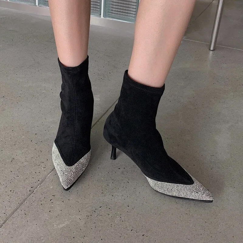 2021 Autumn Winter Women's Skinny Boots New Occident Style Pointed Suede Rhinestone Middle Boots Thin Heels Red Female Boots