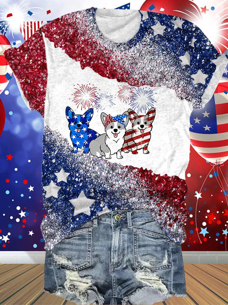 Women'S American Firework Corgi Print Short Sleeve T-Shirt