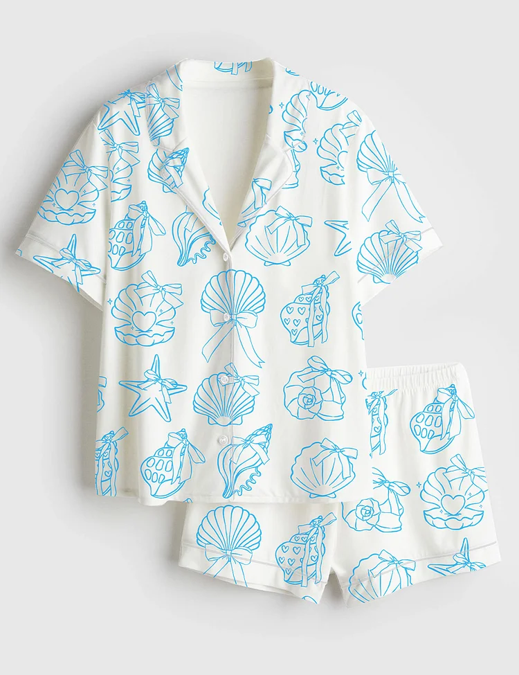 Women&rsquo;s Retro Coquette Seashell Sea Pastel Coastal Summer Girly Shell With Bow Preppy Fisherman Aesthetic Print Short Sleeve Satin Pajama Set