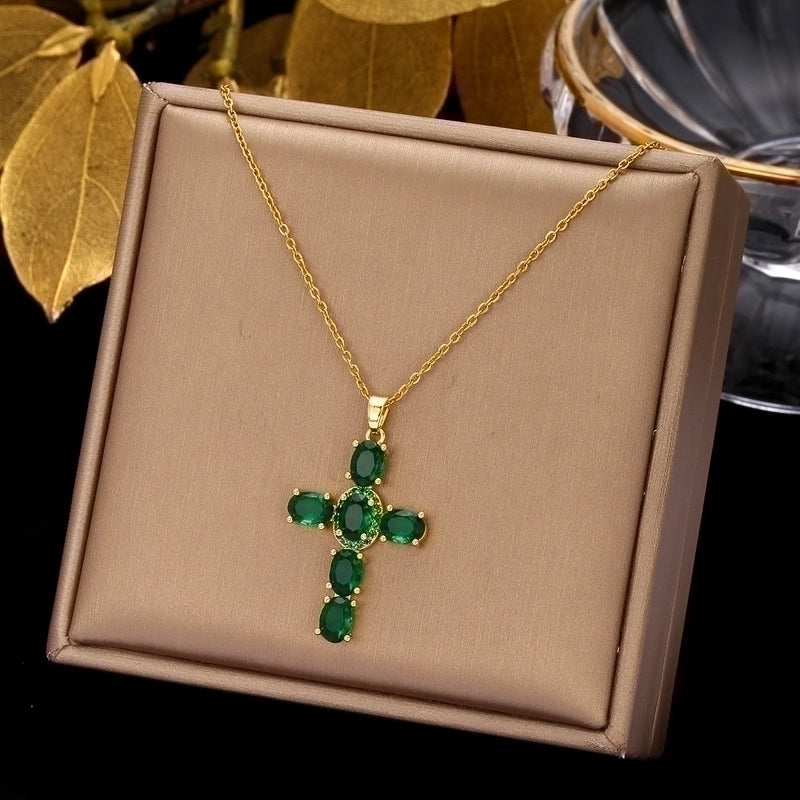 2 Pieces Ethnic Style Cross Stainless Steel Inlay Zircon Pendant Necklace