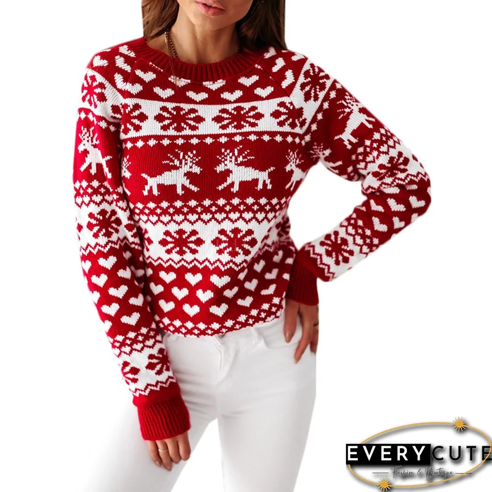 Red Deer Print Knit Christmas Sweater