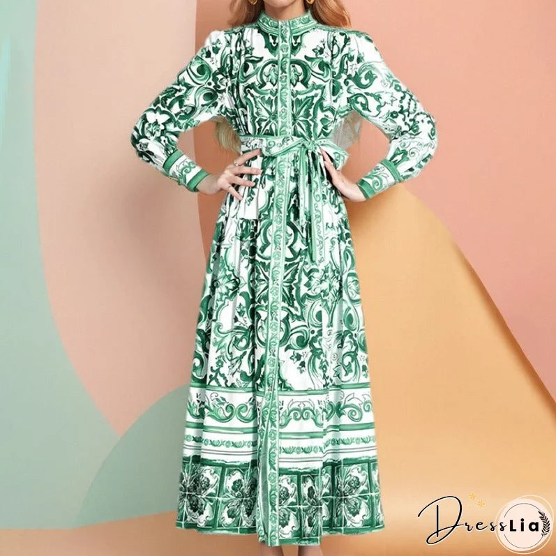Women's Sleeve Printing Lapel Long Sleeves Large Dresses