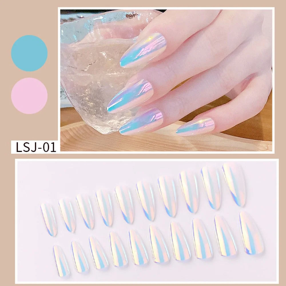 24pcs Gradient Aurora Mirror Design False Nails Long Stiletto Press on Nails Wearable Full Cover Fake Nail Detachable Nail Tips