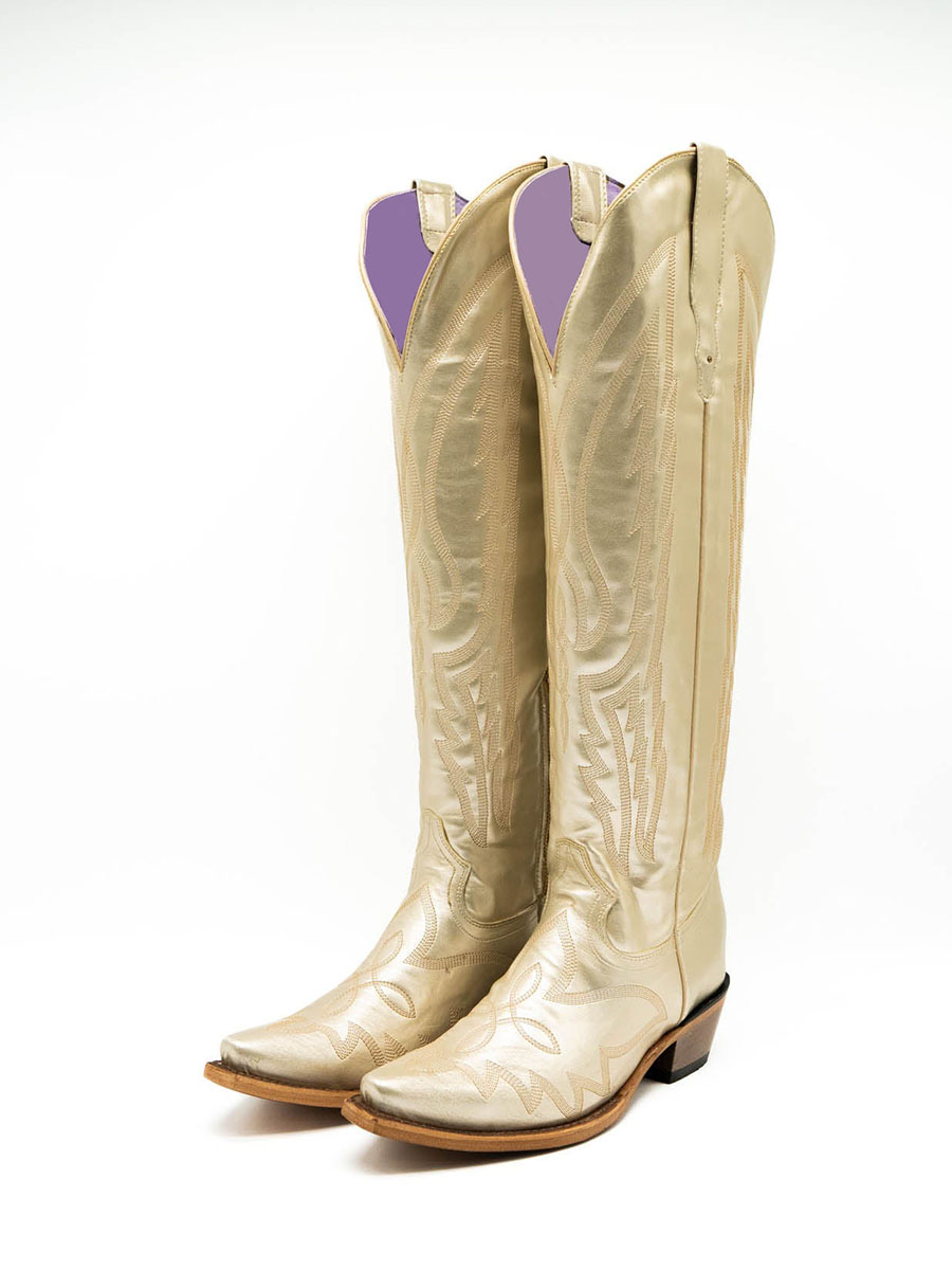 Gold Metallic Finish Snip Toe Embroidered Western Over-the-Knee Boots
