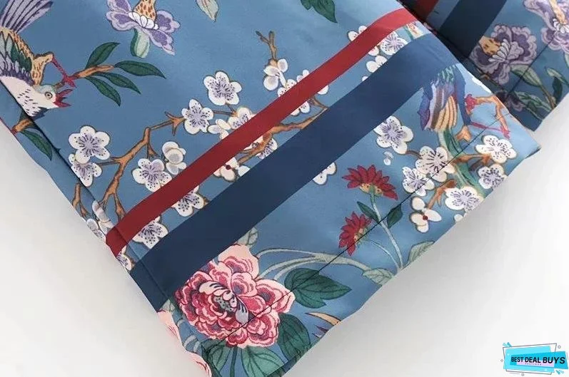 Autumn Bird Flower Print High Waist Side Zipper Loose Wide Leg Pants