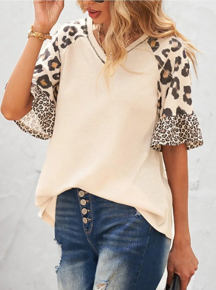 Women's Elegant Fashion Leopard-Print Patchwork Five-Quarter Sleeve T-Shirt