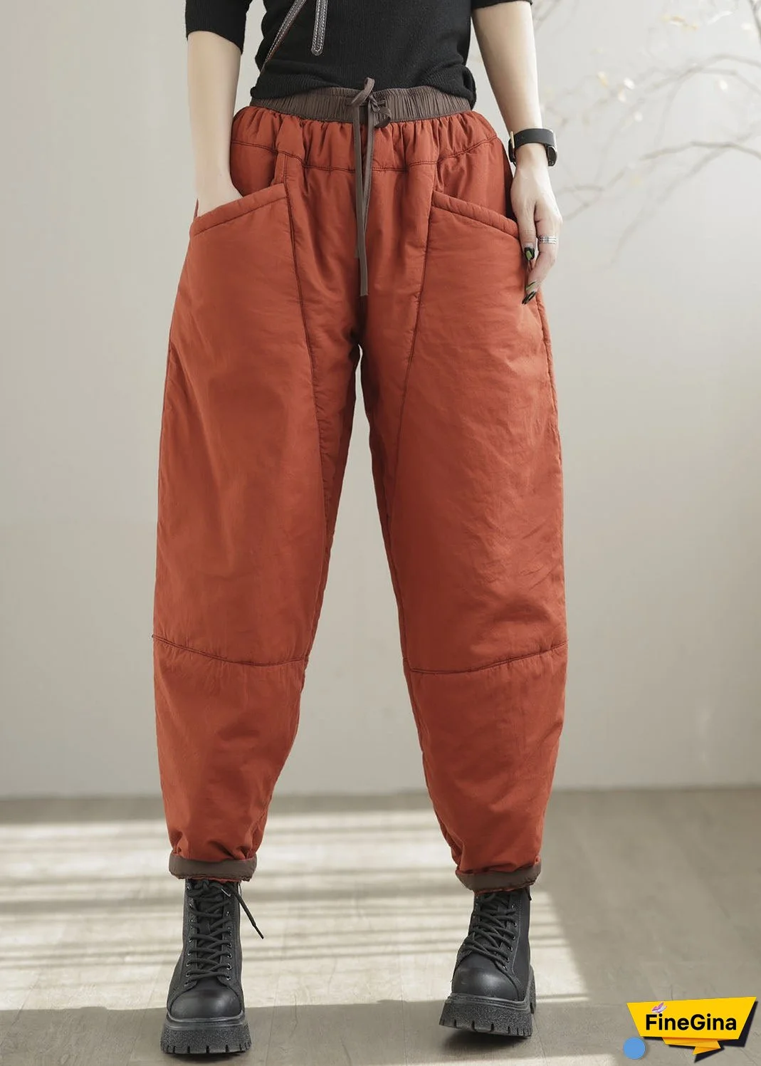 Plus Size Orange Elastic Waist Pockets Patchwork Fine Cotton Filled Pants Winter