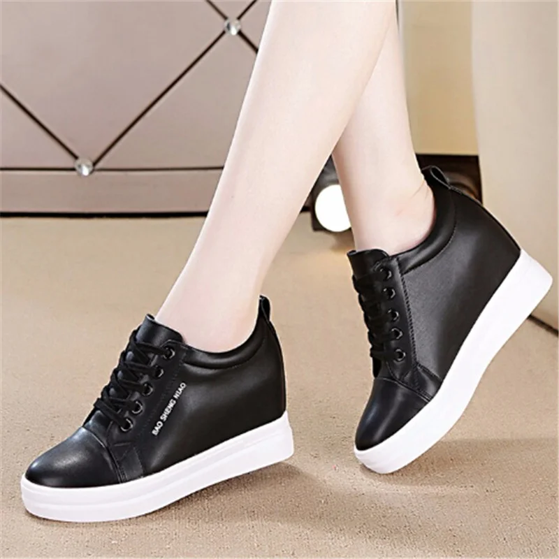 Yyvonne 2022 New Women Wedge Platform Sneakers Rubber Leather High Heels Lace Up Shoes Height Increasing White Thick Bottom 40