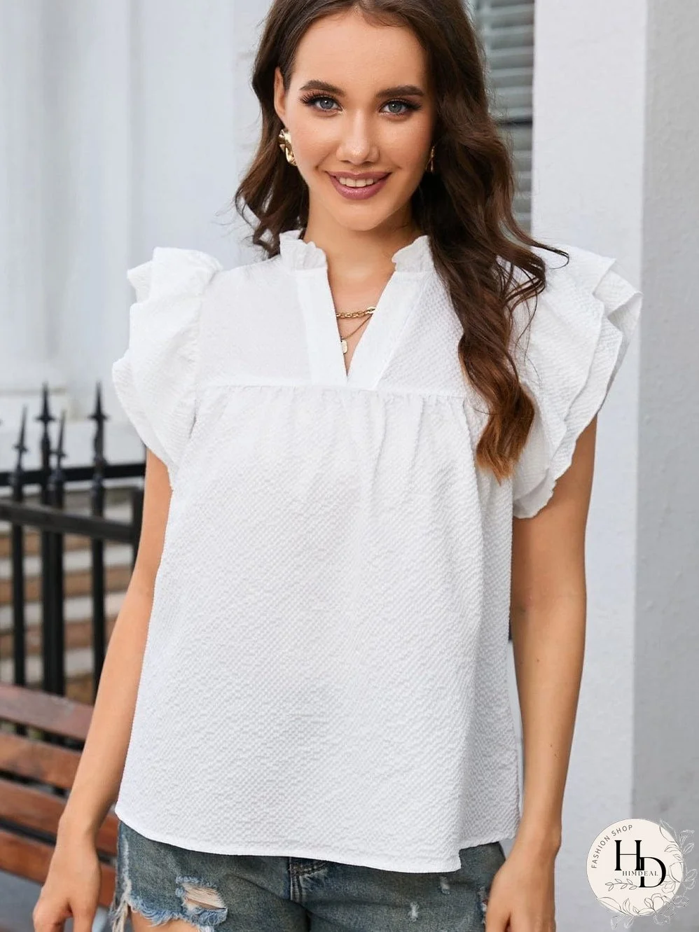 White Waffle Knit Flutter Sleeve Blouse with Notch Neck Detail