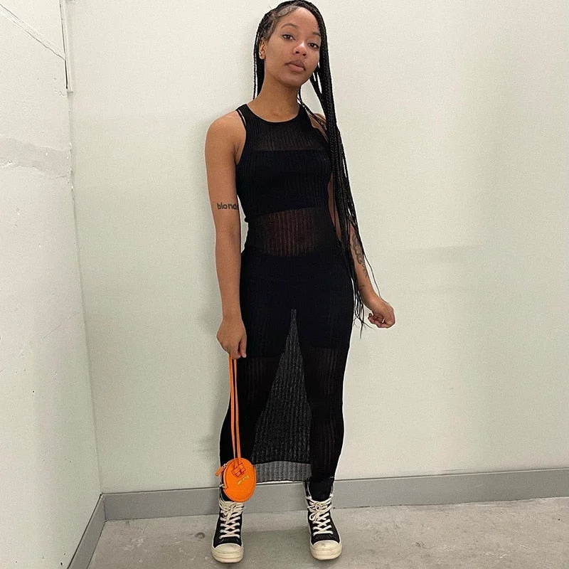 BIIKPIIK See-through Mesh Casual Straight Dresses Women Sleeveless O Neck Vintage Streetwear Fashion Clothing Black Maxi Dress