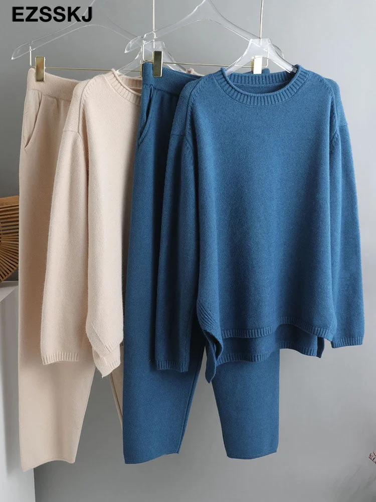 2021 2 Pieces Set Women Knitted Tracksuit O-neck Sweater + Granny pants Sweater Set female Knitted sweater suit Homewear sweater