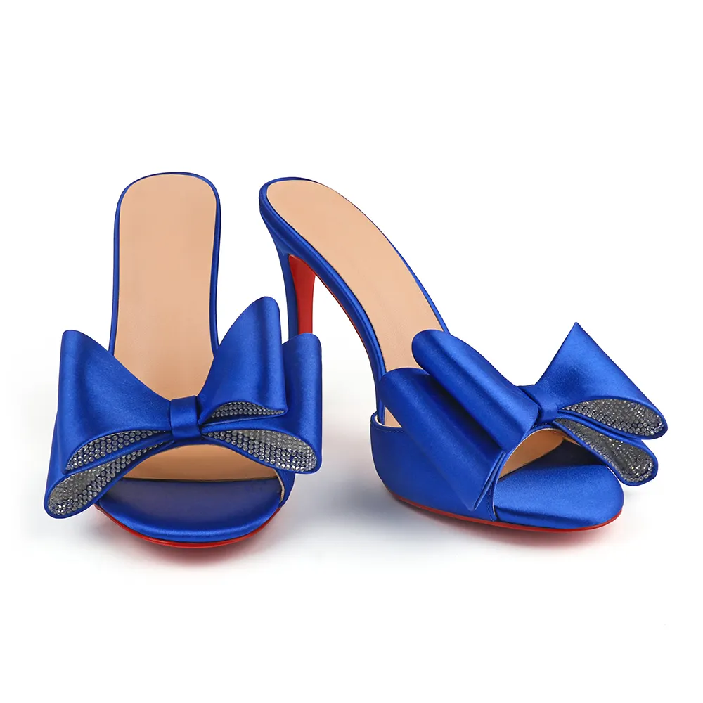 100mm/3.94 Inch Women's High Heel Mules Rhinestone Bowknot Backless Stiletto Heel Slippers Sexy Summer Heeled Red Bottom Sandals-vocosishoes