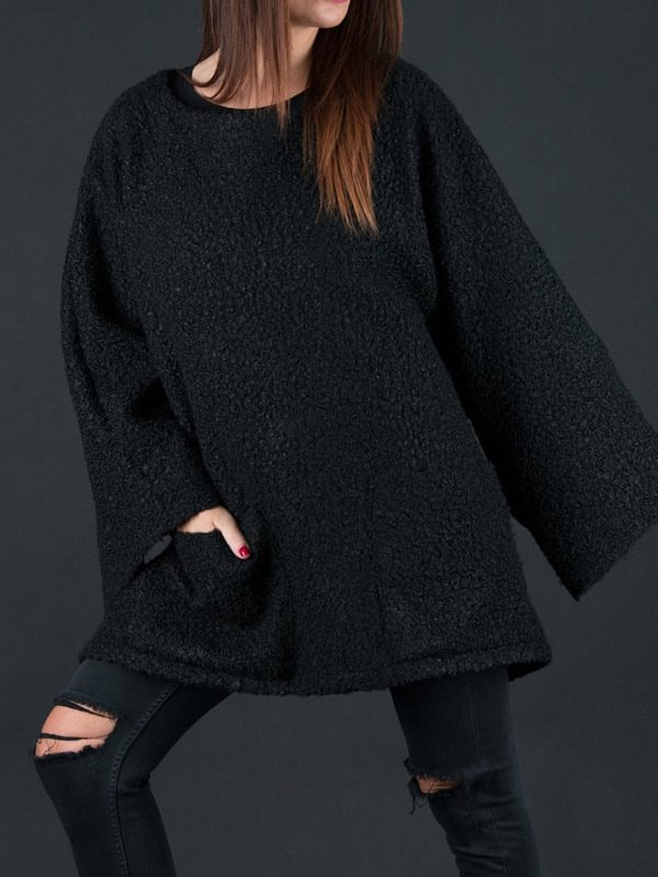 Loose Black Velvet Round-Neck Sweatshirt Tops