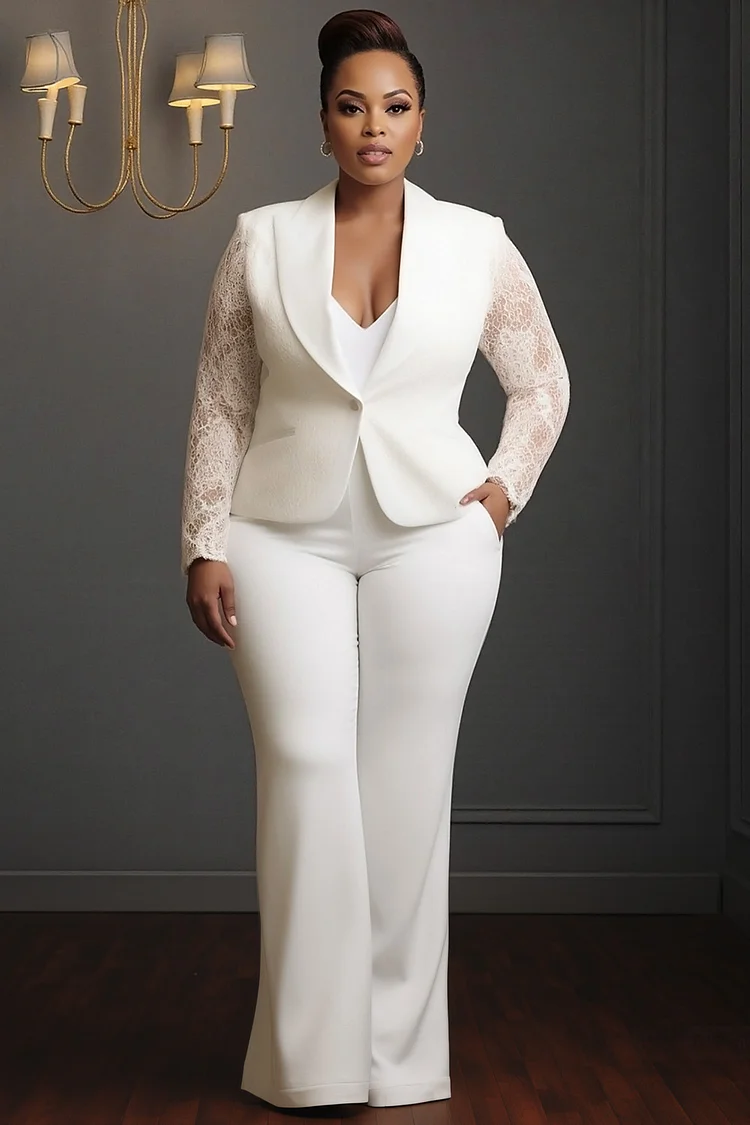 Xpluswear Design Plus Size Business Casual White Lapel Collar Long Sleeve Contrast Elegant Pocket Lace Two Piece Pant Suits [Pre-Order] 2024 - Xpluswear
